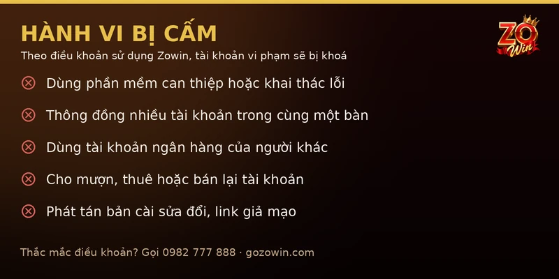 Hành vi bị cấm theo điều khoản sử dụng Zowin